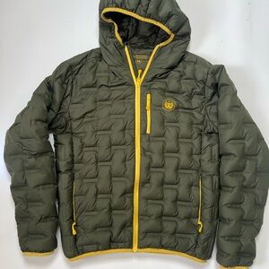 Men's Olive Green Hooded Puffer Jacket with Yellow Trim